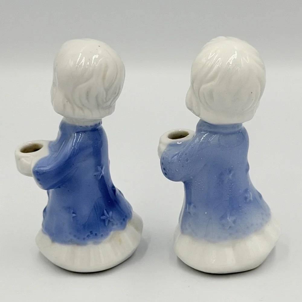 VTG Christmas Caroler Candle Holders Blue White Ceramic Figurines Set of 4